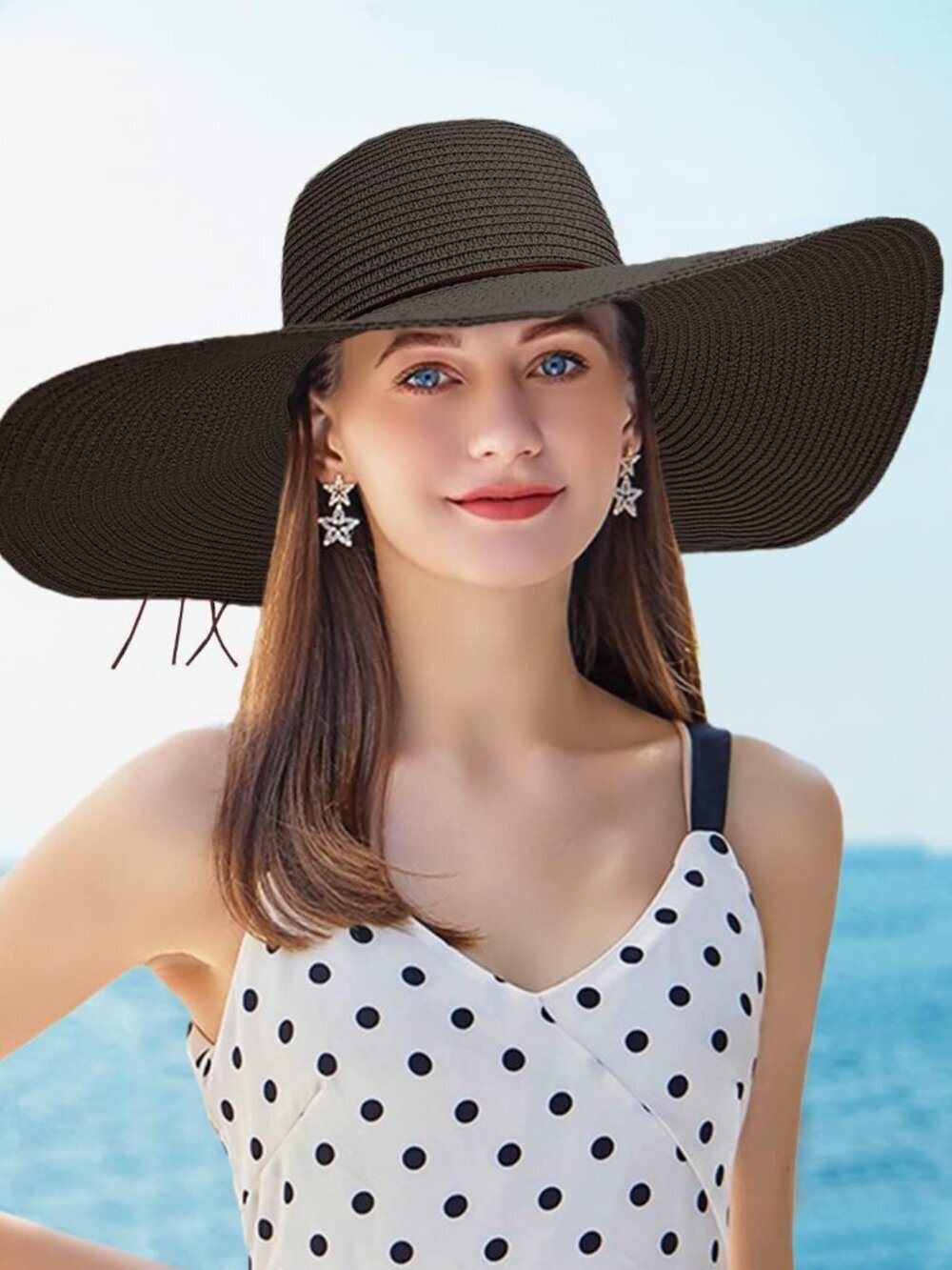 Women Foldable Summer Wide Brim Packable Hat Travel Straw Fedora Hat Black-1